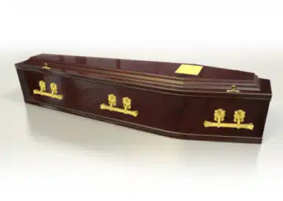 Egerton polished solid wood coffin with brass handles and nameplate